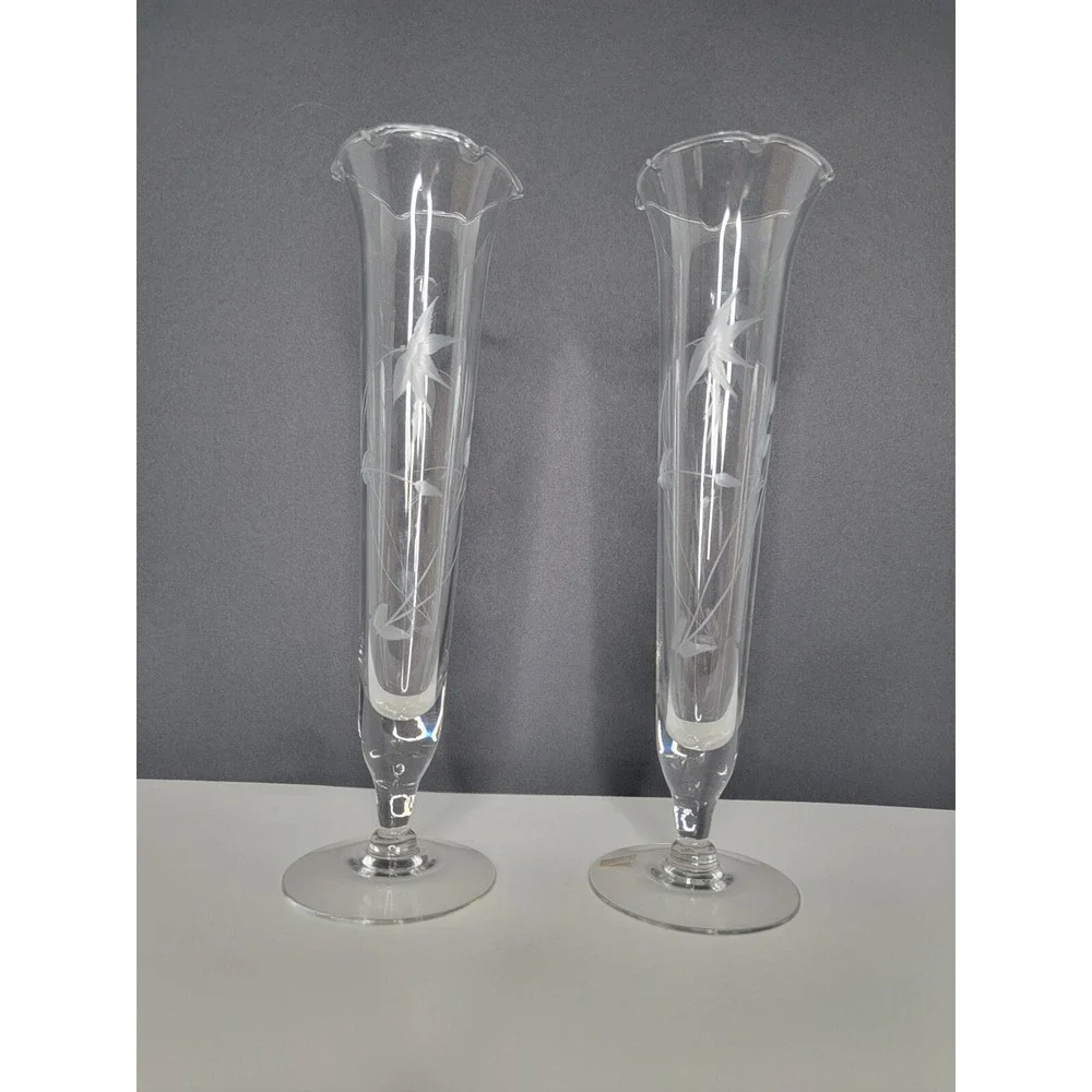 Vintage Etched Glass Bud Vases Pair Ruffled Rim Floral Trumpet Pedestal 10 Inch